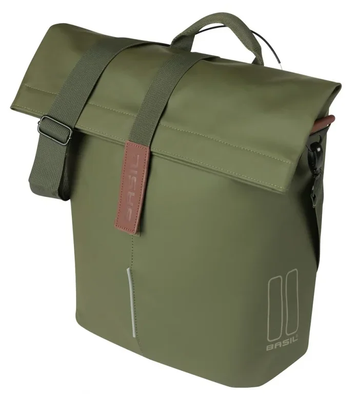 Basil City Shopper MIK Studs 14-16 Liter moss green – wasserabweisender Fahrrad­shopper mit MIK-Studs-System, Reflektoren & veganen Ledergriffen