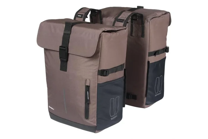 Basil Doppelpacktasche Move 30 Liter Braun – doppelte Fahrradtasche mit Universal-Bridge / MIK-Kompatibilität, wasserabweisendem recyceltem Polyester & Reflektoren