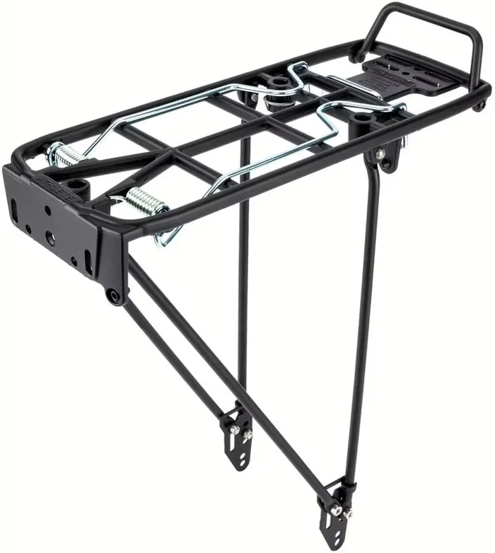 Pletscher Gepäckträger Athlete 26-28 Zoll – verstellbarer Aluminium-Gepäckträger mit Federklappe, klappbarer Taschenabstützung, 3-Punkt-Adaptersystem, Pumpenhalter, schwarz, bis 25 kg Tragkraft