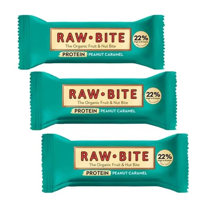 Raw Bite The Organic Fruit Nut Bite Protein Eiweißriegel vegan 3er-Set (3 x 45 g) Peanut Caramel