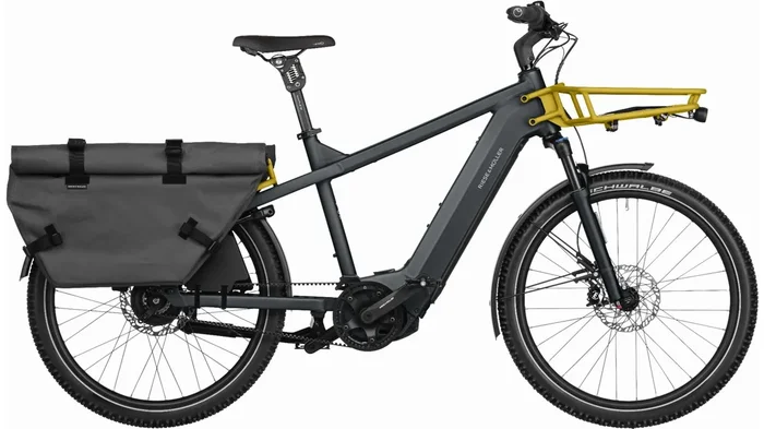 Riese & Müller Multicharger2 GT vario 750 Wh E-Bike Diamant 27,5″ GX, Cargo-Frontgepäckträger, Cargo-Taschen, RX, Intuvia100, utility grey-curry matt TB 51 cm