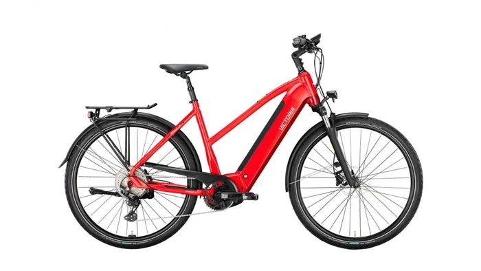 VICTORIA Elektro-Trekkingrad „TRESALO 14″ (#1), Trapez, 28“, fuego red matt, 1×10-Gang Shimano Cues, 53 cm / L